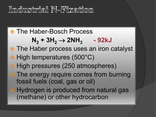  The Haber-Bosch Process
N2 + 3H2  2NH3 - 92kJ
 The Haber process uses an iron catalyst
 High temperatures (500°C)
 High pressures (250 atmospheres)
 The energy require comes from burning
fossil fuels (coal, gas or oil)
 Hydrogen is produced from natural gas
(methane) or other hydrocarbon
 