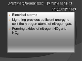  Electrical storms
 Lightning provides sufficient energy to
split the nitrogen atoms of nitrogen gas,
 Forming oxides of nitrogen NO3 and
NO2
 