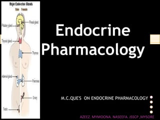 Endocrine
Pharmacology
M.C.QUE'S ON ENDOCRINE PHARMACOLOGY
AZEEZ. MYMOONA. NASEEFA. JSSCP ,MYSORE
By: A.M.NASEEFA
JSS COLLEGE OF PHARMACY, MYSORE
 