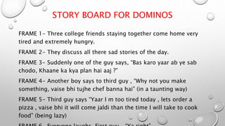 FRAME 1- Three college friends staying together come home very
tired and extremely hungry.
FRAME 2- They discuss all there sad stories of the day.
FRAME 3- Suddenly one of the guy says, “Bas karo yaar ab ye sab
chodo, Khaane ka kya plan hai aaj ?”
FRAME 4- Another boy says to third guy , “Why not you make
something, vaise bhi tujhe chef banna hai” (in a taunting way)
FRAME 5- Third guy says “Yaar I m too tired today , lets order a
pizza , vaise bhi it will come jaldi than the time I will take to cook
food” (being lazy)
STORY BOARD FOR DOMINOS
 