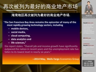 Frank Liu
Top Realtor, Earn your Trust
ResultsTeam.com
Zipcode Market Data
City Market Date
County Market Date
Latest Listings
School API scores
Investment Properties
EB-5 Regional Centers
SFSOMA.com
SF SOMA Luxury Condo
newhomes.
ResultsTeam.com
New Home Listings &
News
FrankTop10.com
中国人访美信息门户:
考察 投资 学习 就业 生活
CALL FRANK:
408-313-2688
408-828-0600
再次被列为最好的商业地产市场
海湾地区再次被列为最好的商业地产市场.
“The San Francisco Bay Area remains the epicenter of many of the
most rapidly growing technology sectors, including
– mobile devices,
– social media,
– cloud computing,
– data analytics and
– life sciences,”
the report states. “Overall job and income growth have significantly
outpaced the nation in recent years and the unemployment rate has
fallen to its lowest level in nearly six years.”
--2014 May, Wells Fargo Economics Group
 