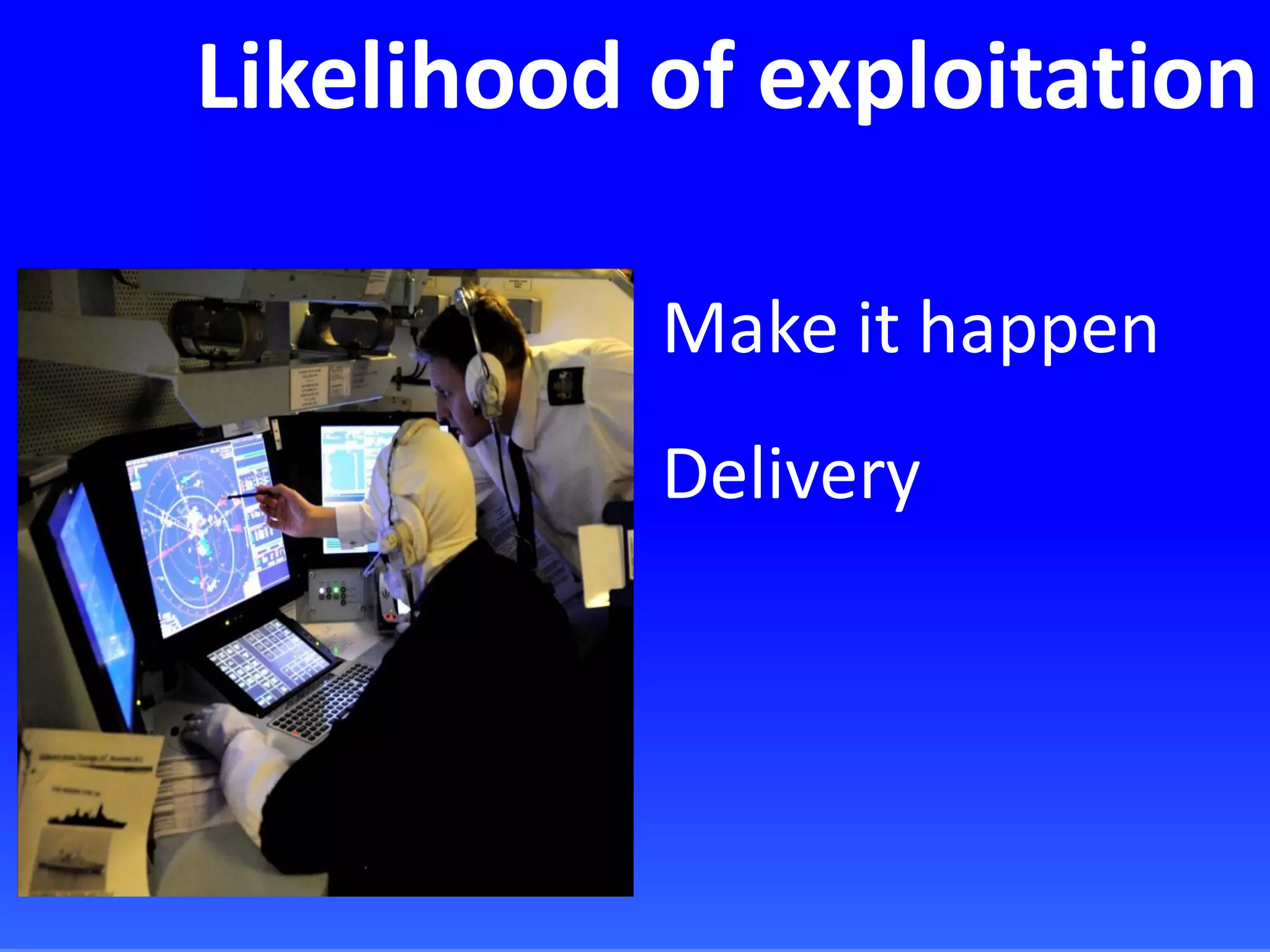 Likelihood of exploitation
Make it happen
Delivery
 