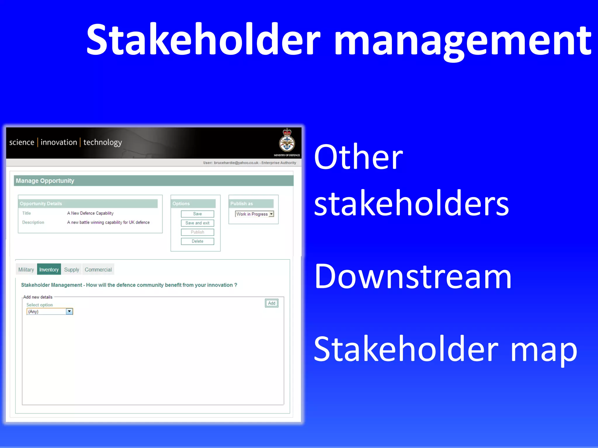 Stakeholder management
Other
stakeholders
Downstream
Stakeholder map
 