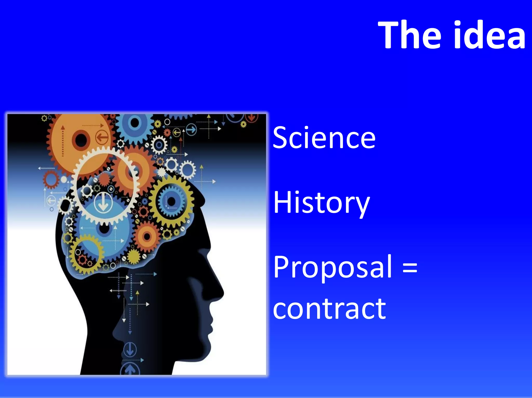 The idea
Science
History
Proposal =
contract
 