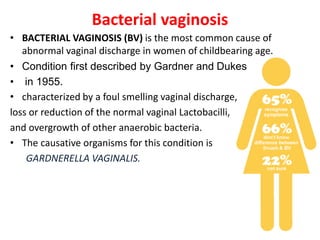 Bacterial vaginosis
• BACTERIAL VAGINOSIS (BV) is the most common cause of
abnormal vaginal discharge in women of childbearing age.
• Condition first described by Gardner and Dukes
• in 1955.
• characterized by a foul smelling vaginal discharge,
loss or reduction of the normal vaginal Lactobacilli,
and overgrowth of other anaerobic bacteria.
• The causative organisms for this condition is
GARDNERELLA VAGINALIS.
 