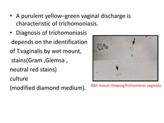 • A purulent yellow–green vaginal discharge is
characteristic of trichomoniasis.
• Diagnosis of trichomoniasis
depends on the identification
of T.vaginalis by wet mount,
stains(Gram ,Giemsa ,
neutral red stains)
culture
(modified diamond medium). Wet mount showingTrichomonas vaginalis
 