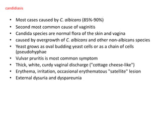 • Most cases caused by C. albicans (85%-90%)
• Second most common cause of vaginitis
• Candida species are normal flora of the skin and vagina
• caused by overgrowth of C. albicans and other non-albicans species
• Yeast grows as oval budding yeast cells or as a chain of cells
(pseudohyphae
• Vulvar pruritis is most common symptom
• Thick, white, curdy vaginal discharge ("cottage cheese-like")
• Erythema, irritation, occasional erythematous "satellite" lesion
• External dysuria and dyspareunia
candidiasis
 