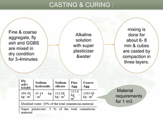 CASTING & CURING :
Fine & coarse
aggregate, fly
ash and GGBS
are mixed in
dry condition
for 3-4minutes
Alkaline
solution
with super
plasticizer
&water
mixing is
done for
about 6- 8
min & cubes
are casted by
compaction in
three layers.
Material
requirements
for 1 m3
 