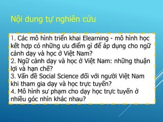 1. Các mô hình triển khai Elearning - mô hình học
kết hợp có những ưu điểm gì để áp dụng cho ngữ
cảnh dạy và học ở Việt Nam?
2. Ngữ cảnh dạy và học ở Việt Nam: những thuận
lợi và hạn chế?
3. Vấn đề Social Science đối với người Việt Nam
khi tham gia dạy và học trực tuyến?
4. Mô hình sư phạm cho dạy học trực tuyến ở
nhiều góc nhìn khác nhau?
Nội dung tự nghiên cứu
 