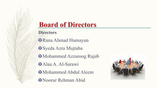 Directors
Rana Ahmad Humayun
Syeda Azra Mujtaba
Mohammed Azzaroog Rajab
Alaa A. Al-Sarawi
Mohammed Abdul Aleem
Noorur Rehman Abid
 