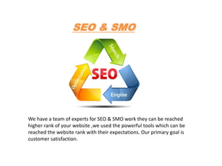 SEO & SMO
We have a team of experts for SEO & SMO work they can be reached
higher rank of your website ,we used the powerful tools which can be
reached the website rank with their expectations. Our primary goal is
customer satisfaction.
 