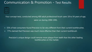Communication & Promotion - Test Results
Four concept tests, conducted among 400 adult professional brush users 18 to 54 years of age,
were run during 1990-1991.
 55% of test consumers found Precision to be very different from their current toothbrushes.
 77% claimed that Precision was much more effective than their current toothbrush.
Precision’s unique design could remove more plaque from teeth than the other leading
toothbrushes on the market.
 