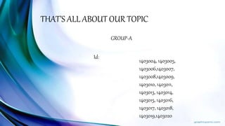 THAT’S ALL ABOUT OUR TOPIC
GROUP-A
Id:
1403004, 1403005,
1403006,1403007,
1403008,1403009,
1403010, 1403011,
1403013, 1403014,
1403015, 1403016,
1403017, 1403018,
1403019,1403020
 