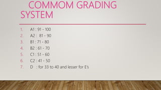COMMOM GRADING
SYSTEM
1. A1 : 91 - 100
2. A2 : 81 - 90
3. B1 : 71 - 80
4. B2 : 61 - 70
5. C1 : 51 - 60
6. C2 : 41 - 50
7. D : for 33 to 40 and lesser for E’s
 