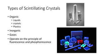 Types of Scintillating Crystals
• Organic
• Liquids
• crystals
• Plastics
• Inorganic
• Gases
• Operate on the principle of
fluorescence and phosphorescence
 