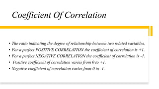 Coefficient Of Correlation
• The ratio indicating the degree of relationship between two related variables.
• For a perfect POSITIVE CORRELATION the coefficient of correlation is +1.
• For a perfect NEGATIVE CORRELATION the coefficient of correlation is -1.
• Positive coefficient of correlation varies from 0 to +1.
• Negative coefficient of correlation varies from 0 to -1.
 