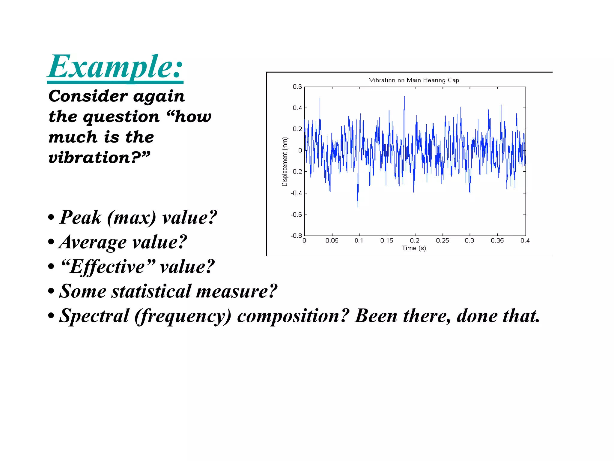 Example:
Consider again
the question “how
much is the
vibration?”
• Peak (max) value?
• Average value?
• “Effective” value?
• Some statistical measure?
• Spectral (frequency) composition? Been there, done that.
 
