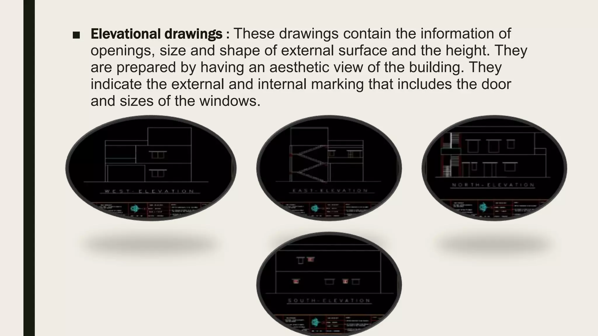 ■ Elevational drawings : These drawings contain the information of
openings, size and shape of external surface and the height. They
are prepared by having an aesthetic view of the building. They
indicate the external and internal marking that includes the door
and sizes of the windows.
 