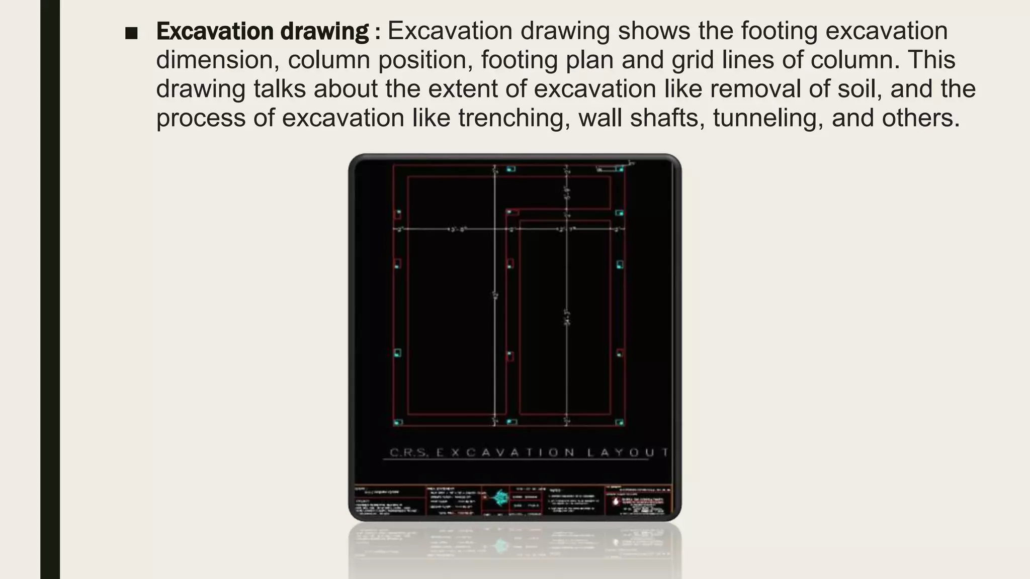 ■ Excavation drawing : Excavation drawing shows the footing excavation
dimension, column position, footing plan and grid lines of column. This
drawing talks about the extent of excavation like removal of soil, and the
process of excavation like trenching, wall shafts, tunneling, and others.
 