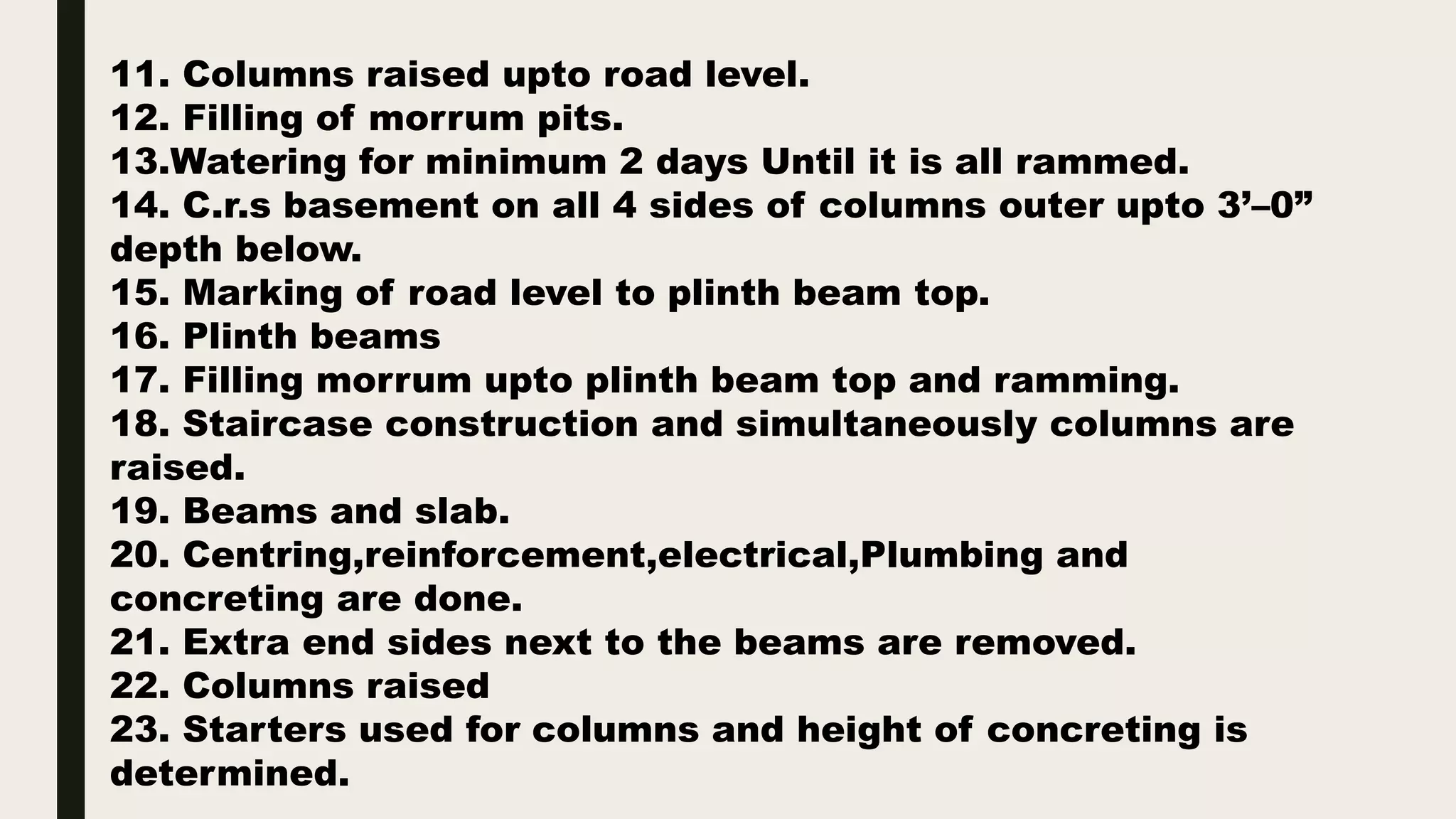 11. Columns raised upto road level.
12. Filling of morrum pits.
13.Watering for minimum 2 days Until it is all rammed.
14. C.r.s basement on all 4 sides of columns outer upto 3’–0”
depth below.
15. Marking of road level to plinth beam top.
16. Plinth beams
17. Filling morrum upto plinth beam top and ramming.
18. Staircase construction and simultaneously columns are
raised.
19. Beams and slab.
20. Centring,reinforcement,electrical,Plumbing and
concreting are done.
21. Extra end sides next to the beams are removed.
22. Columns raised
23. Starters used for columns and height of concreting is
determined.
 