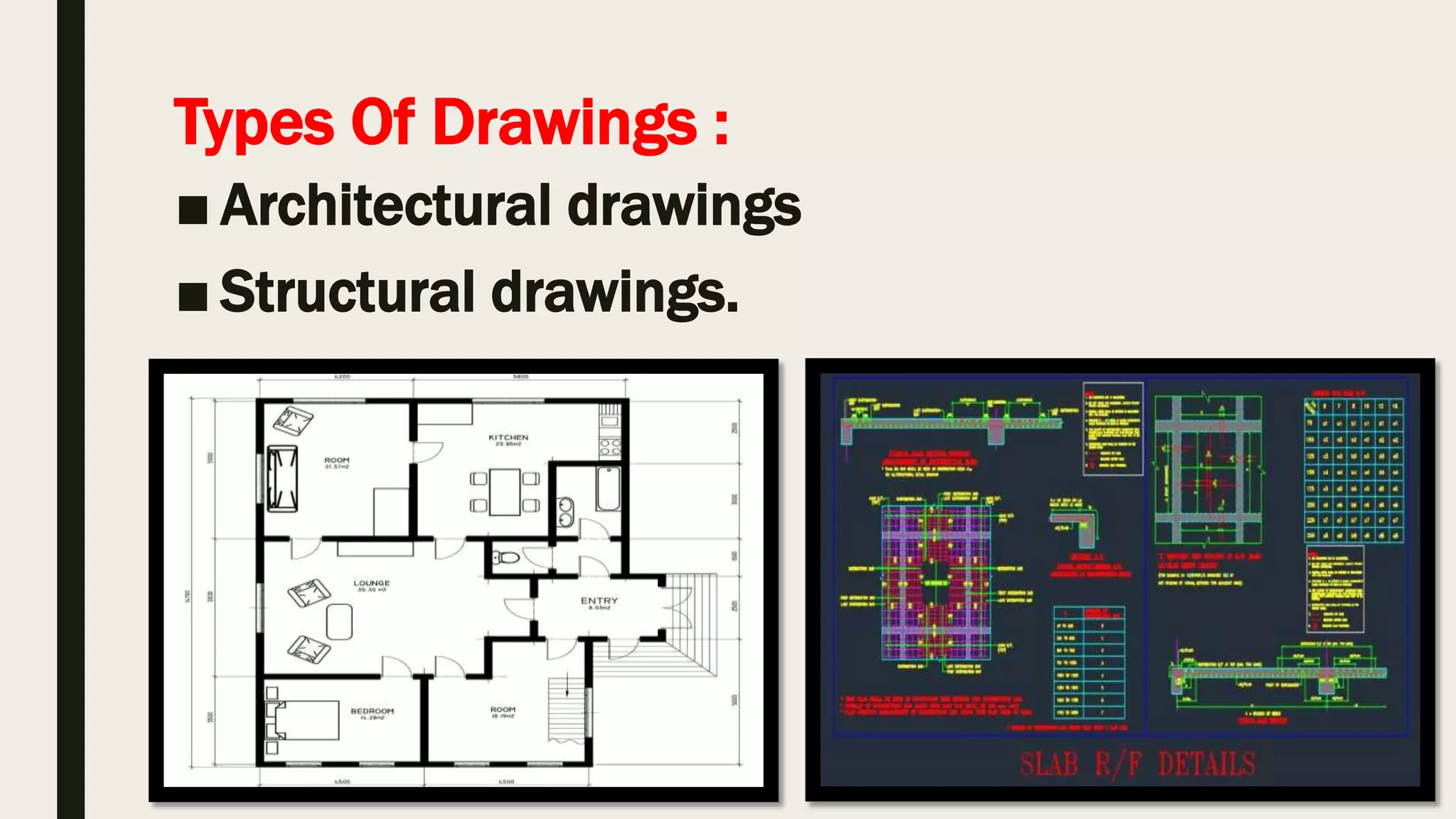 Types Of Drawings :
■ Architectural drawings
■ Structural drawings.
 