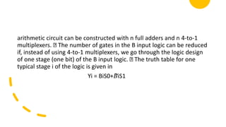 arithmetic circuit can be constructed with n full adders and n 4-to-1
multiplexers. The number of gates in the B input logic can be reduced
if, instead of using 4-to-1 multiplexers, we go through the logic design
of one stage (one bit) of the B input logic. The truth table for one
typical stage i of the logic is given in
Yi = BiS0+𝐵̅iS1
 