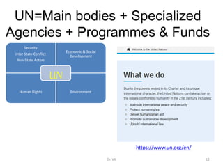 UN=Main bodies + Specialized
Agencies + Programmes & Funds
Security
Inter State Conflict
Non-State Actors
Economic & Social
Development
Human Rights Environment
UN
12
Dr. VK
https://www.un.org/en/
 