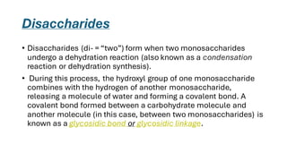 Disaccharides
• Disaccharides (di- = “two”) form when two monosaccharides
undergo a dehydration reaction (also known as a condensation
reaction or dehydration synthesis).
• During this process, the hydroxyl group of one monosaccharide
combines with the hydrogen of another monosaccharide,
releasing a molecule of water and forming a covalent bond. A
covalent bond formed between a carbohydrate molecule and
another molecule (in this case, between two monosaccharides) is
known as a glycosidic bond or glycosidic linkage.
 