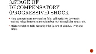 Here compensatory mechanism fails; cell perfusion decreases
causing raised intracellular sodium but low intracellular potassium.
Microcirculation fails beginning the failure of kidneys, liver and
lungs.
 