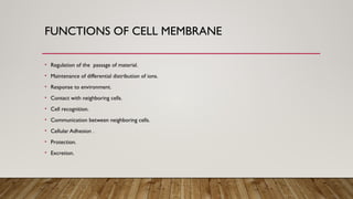FUNCTIONS OF CELL MEMBRANE
• Regulation of the passage of material.
• Maintenance of differential distribution of ions.
• Response to environment.
• Contact with neighboring cells.
• Cell recognition.
• Communication between neighboring cells.
• Cellular Adhesion .
• Protection.
• Excretion.
 