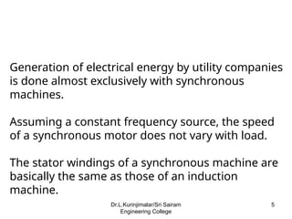 Generation of electrical energy by utility companies
is done almost exclusively with synchronous
machines.
Assuming a constant frequency source, the speed
of a synchronous motor does not vary with load.
The stator windings of a synchronous machine are
basically the same as those of an induction
machine.
5
Dr.L.Kurinjimalar/Sri Sairam
Engineering College
 