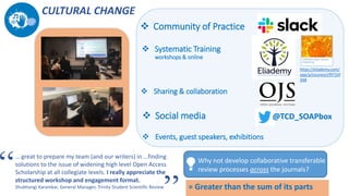 CULTURAL CHANGE
 Community of Practice
 Systematic Training
workshops & online
 Sharing & collaboration
https://eliademy.com/
app/a/courses/cf971bf
348
 Events, guest speakers, exhibitions
 Social media @TCD_SOAPbox
… great to prepare my team (and our writers) in …finding
solutions to the issue of widening high level Open Access
Scholarship at all collegiate levels. I really appreciate the
structured workshop and engagement format.
Shubhangi Karamkar, General Manager, Trinity Student Scientific Review
“ = Greater than the sum of its parts
Why not develop collaborative transferable
review processes across the journals?
 