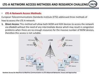 LTE-A NETWORK ACCESS METHODS AND RESEARCH CHALLENGE 22/27
• LTE-A Network Access Methods:
European Telecommunications Standards Institute (ETSI) addressed three methods of
how to access the LTE-A network:
1. Direct Access: This method will allow both M2M and H2H devices to access the network
via eNodeB without the need of any intermediate device which may result in congestion
problems when there are no enough resources for the massive number of M2M devices,
therefore this access is not suitable.
Random Access for Machine-to-Machine Communication in LTE-Advanced Networks: Issues and Approaches
24/30
 