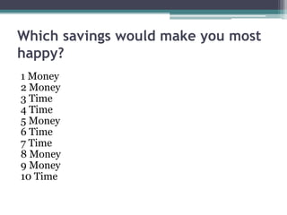 Which savings would make you most
happy?
1 Money
2 Money
3 Time
4 Time
5 Money
6 Time
7 Time
8 Money
9 Money
10 Time
 