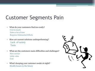 Customer Segments Pain
• What do your customers find too costly?
Cost to much
Takes a lot of time
Requires Substantial Efforts
• How are current solutions underperforming?
Lack of variety
Taste
• What are the customers main difficulties and challenges?
Slow service
Little value
Cost
• What’s keeping your customer awake at night?
Health Issues in the future
 