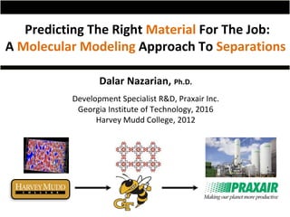 Predicting The Right Material For The Job:
A Molecular Modeling Approach To Separations
Dalar Nazarian, Ph.D.
Development Specialist R&D, Praxair Inc.
Georgia Institute of Technology, 2016
Harvey Mudd College, 2012
 