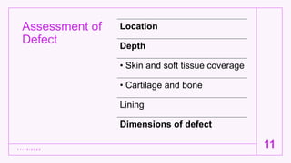 Assessment of
Defect
1 1 / 1 5 / 2 0 2 2
11
Location
Depth
• Skin and soft tissue coverage
• Cartilage and bone
Lining
Dimensions of defect
 