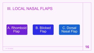 III. LOCAL NASAL FLAPS
1 1 / 1 5 / 2 0 2 2
16
A. Rhomboid
Flap
B. Bilobed
Flap
C. Dorsal
Nasal Flap
 