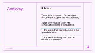 Anatomy
1 1 / 1 5 / 2 0 2 2
4
B. Layers
The nose is composed of three layers:
skin, skeletal support, and mucosal lining
. Each layer must be taken into
consideration during reconstruction.
1. The skin is thick and sebaceous at the
tip and alar rims.
2. The skin is relatively thin over the
dorsum and sidewalls.
 