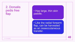 2. Dorsalis
pedis free
flap
1 1 / 1 5 / 2 0 2 2
40
• Has large, thin skin
paddle.
• Like the radial forearm
flap, can be harvested
as an osseocutaneous
transfer.
 