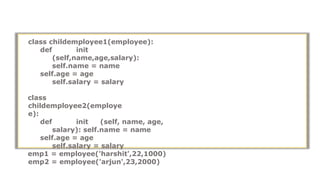 class childemployee1(employee):
def init
(self,name,age,salary):
self.name = name
self.age = age
self.salary = salary
class
childemployee2(employe
e):
def init (self, name, age,
salary): self.name = name
self.age = age
self.salary = salary
emp1 = employee('harshit',22,1000)
emp2 = employee('arjun',23,2000)
 