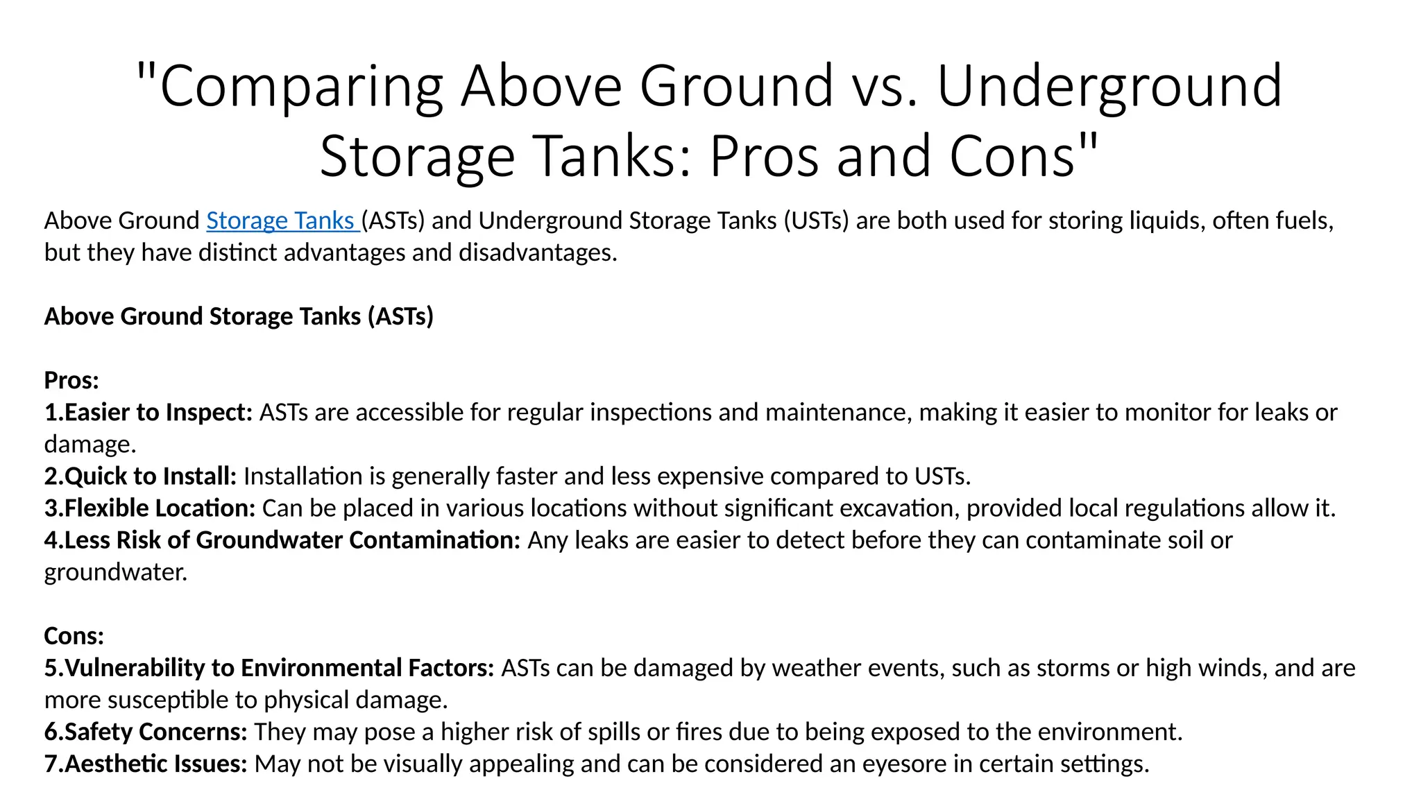 Above Ground vs. Underground Storage Tanks Pros and Cons" PPT