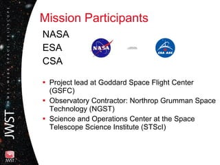 Mission Participants NASA ESA CSA Project lead at Goddard Space Flight Center (GSFC) Observatory Contractor: Northrop Grumman Space Technology (NGST) Science and Operations Center at the Space Telescope Science Institute (STScI) 