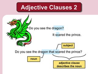 Adjective Clauses 2
Adjective Clauses 2
Do you see the dragon?
It scared the prince.
subject

Do you see the dragon that scared the prince?
noun
adjective clause
describes the noun

 