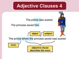 Adjective Clauses 4
Adjective Clauses 4
The prince was scared.
The princess saved him.
object

subject

The prince whom the princess saved was scared.
noun
adjective clause
describes the noun

 