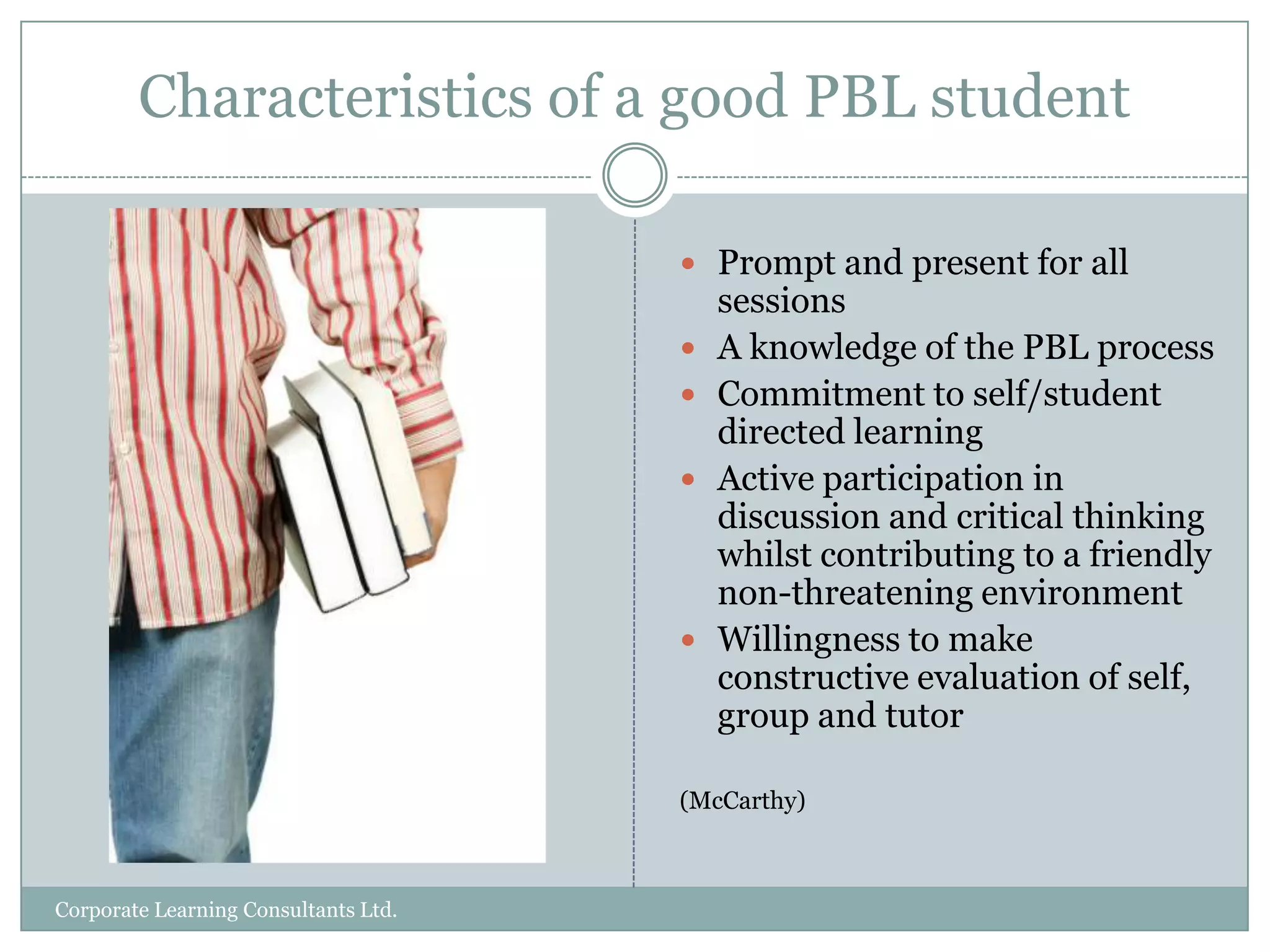Work on problem scenarioLead through the processStudents pose questions, “learning issues,” identifying what they need to knowrank the learning issues in terms of importance and decide who will investigate which issueidentify needed resources and where they might be foundgather needed information through individual and group investigationreconvene to integrateinformationgenerate and evaluate possible solutionsmake needed decisions or take agreed upon actionscommunicate results as appropriate for problem resolutiondebrief on problem solving experience(Howard)Learning is initiated with a problemCorporate Learning Consultants Ltd.
