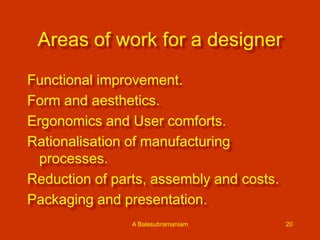 Areas of work for a designer
Functional improvement.
Form and aesthetics.
Ergonomics and User comforts.
Rationalisation of manufacturing
processes.
Reduction of parts, assembly and costs.
Packaging and presentation.
A Balasubramaniam

20

 