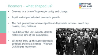 Boomers – what shaped us?
• Grew up in a time of huge opportunity and change.
• Rapid and unprecedented economic growth.
•...