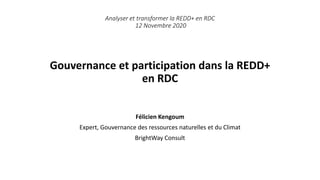 Gouvernance et participation dans la REDD+
en RDC
Analyser et transformer la REDD+ en RDC
12 Novembre 2020
Félicien Kengoum
Expert, Gouvernance des ressources naturelles et du Climat
BrightWay Consult
 