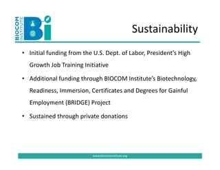 Sustainability
• Initial funding from the U S Dept of Labor President’s High
  Initial funding from the U.S. Dept. of Labor, President s High 
  Growth Job Training Initiative 

• Additional funding through BIOCOM Institute’s Biotechnology, 
  Readiness, Immersion, Certificates and Degrees for Gainful 
  Employment (BRIDGE) Project

• Sustained through private donations
  Sustained through private donations 




                           www.biocominstitute.org
 